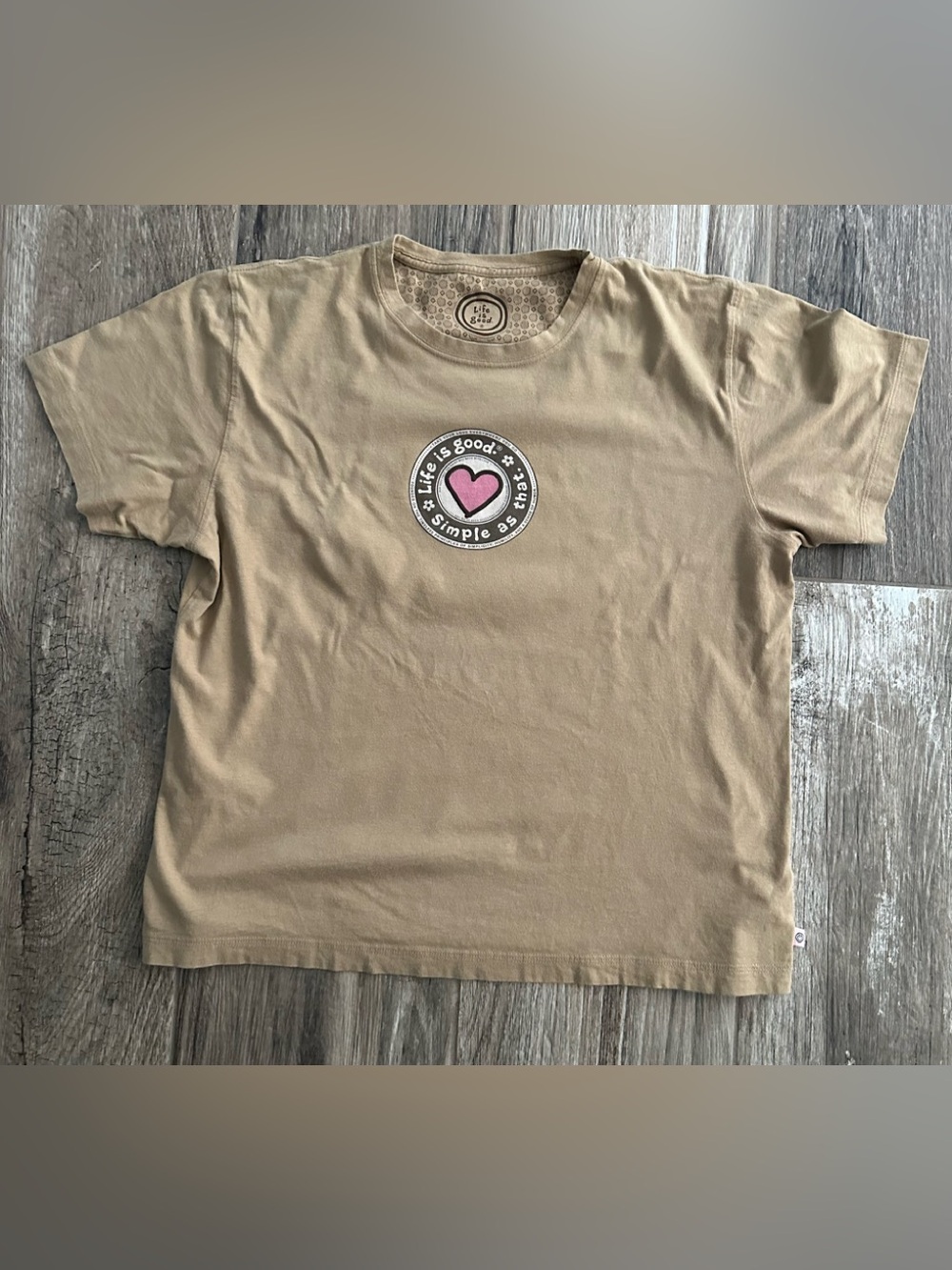 Life Is Good Tan Short Sleeve Tee with Pink Heart Patch